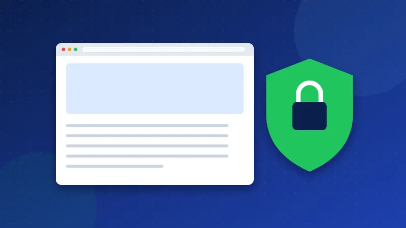 Illustration of a blog page in a browser protected by a padlock shield while an open, unlocked page sits beside it with a warning sign.