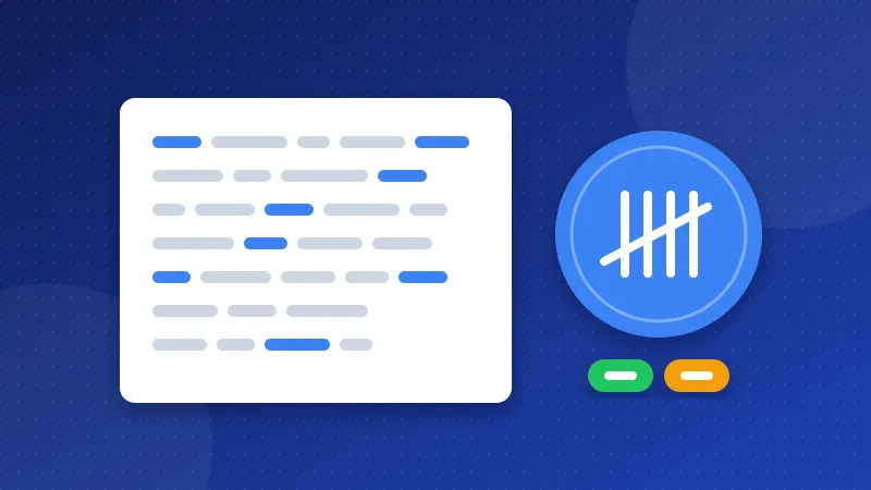 Illustration of a page of text lines next to a blue badge with tally marks