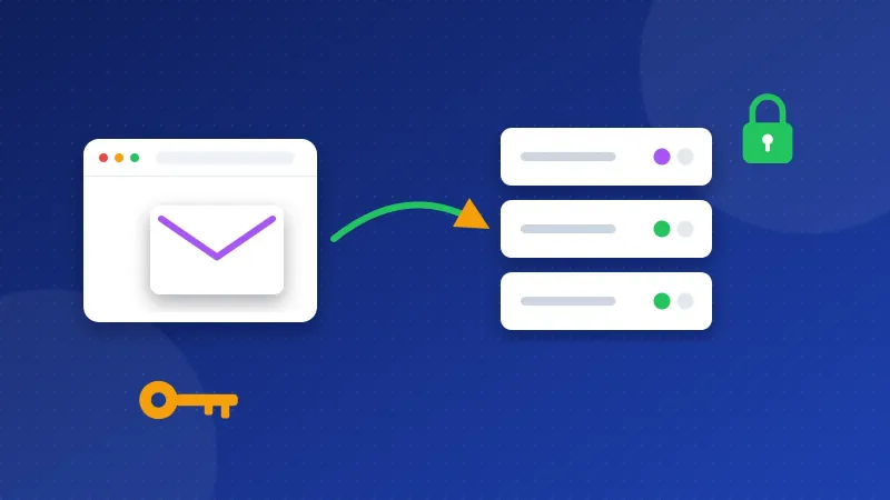 Illustration of an email client using a separate app password key to send mail through a secure SMTP server.